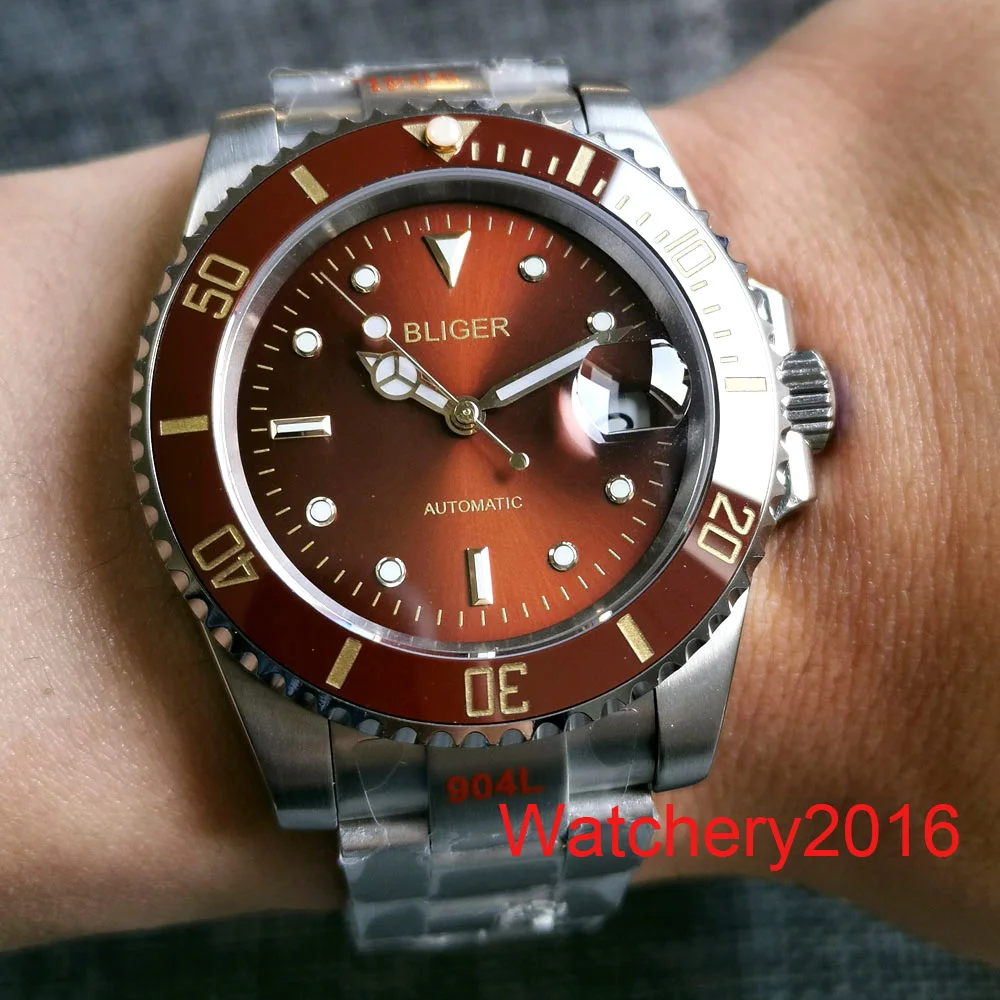 

40mm Bliger Brown Dial Sapphire Glass Luminous Hand Stainless steel Japan Miyota 8215 Automatic Movement Mens Watch Strap