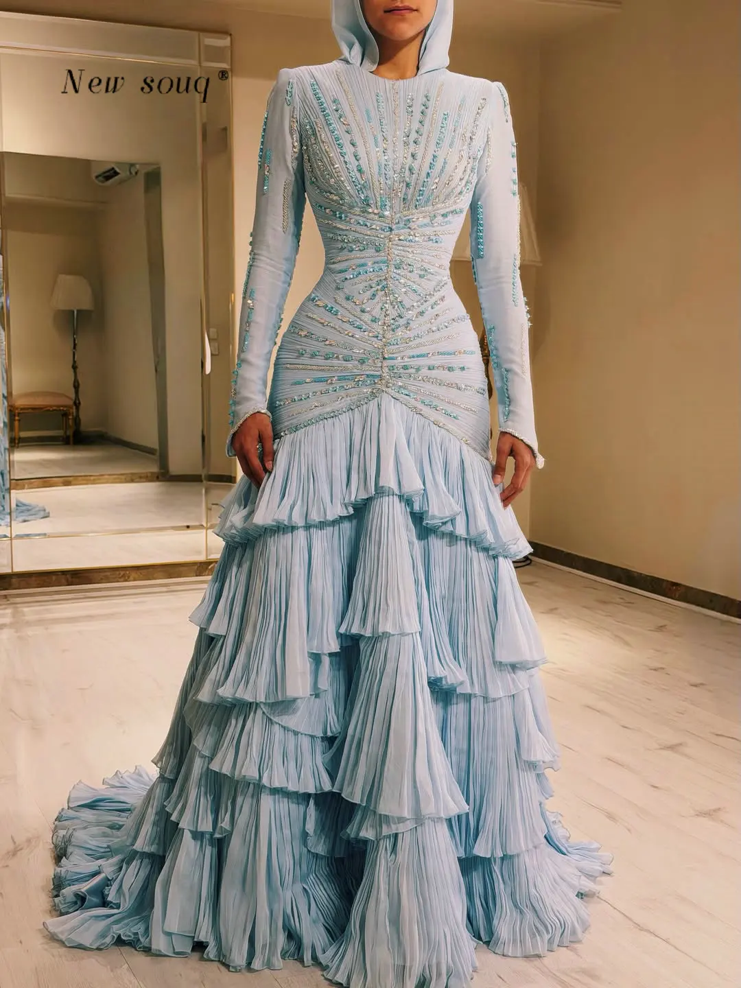 Light Blue Pleats Tiered Muslim Formal Evening Dresses Customized Beaded Fit And Flare Arabic Wedding Prom Gowns Elegant