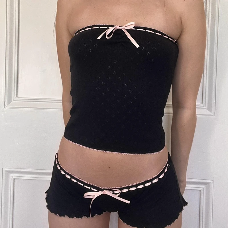 Maemukilabe 00s Ribbon Bow Lace Trim senza spalline Tube Crop top Bandeau + Shorts Y2K Fairy Coquette 2 pezzi Set donna Loungewear