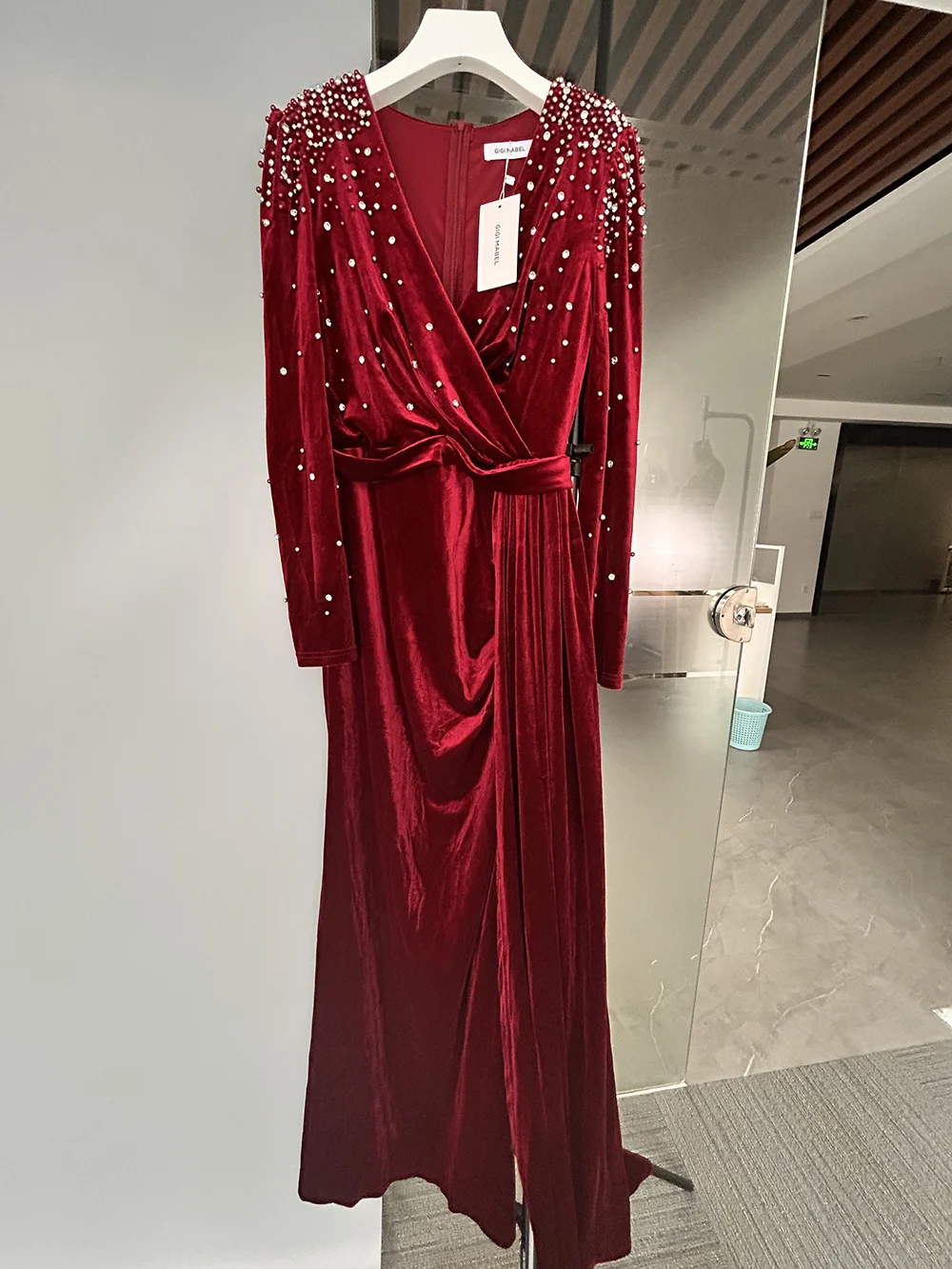 GIGI MABEL, vestido Formal de manga larga con cremallera trasera y cuentas manuales con adorno de cristal, vestido de noche elegante para graduación para invitados de boda