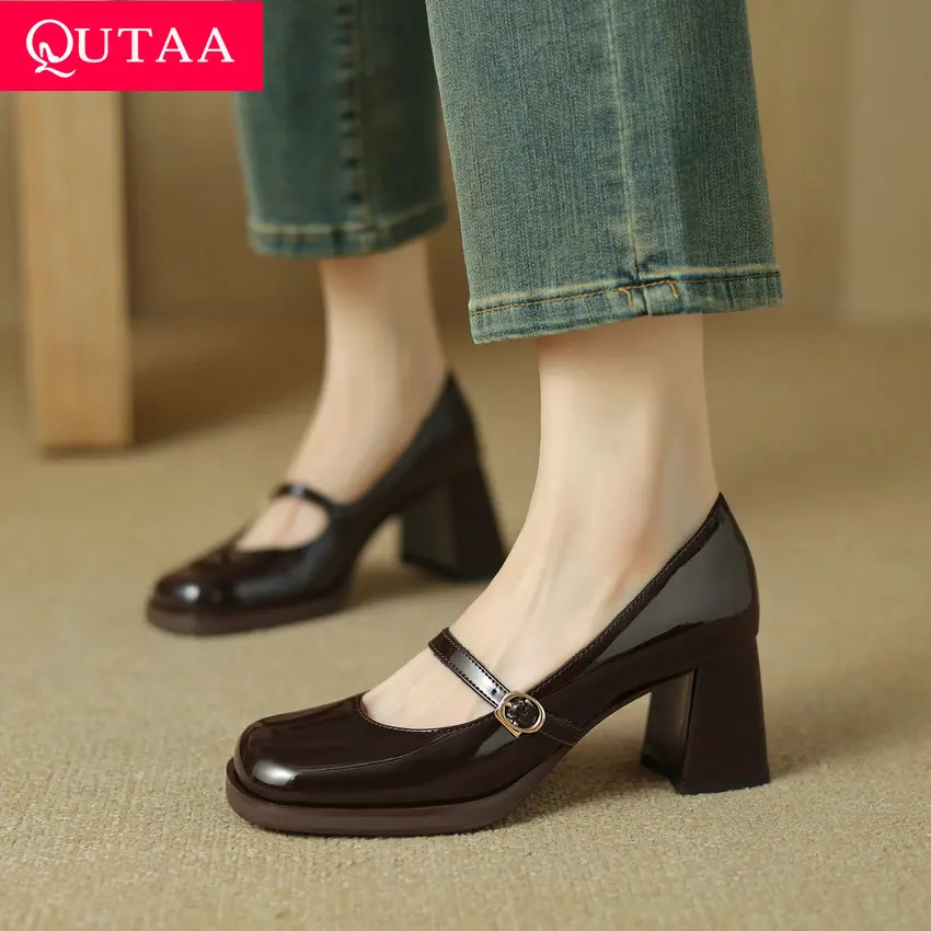 

QUTAA 2024 Women Pumps Spring Summer Thick High Heels Microfiber Round Toe Office Lady Working Shoes Woman Pumps Size 34-43