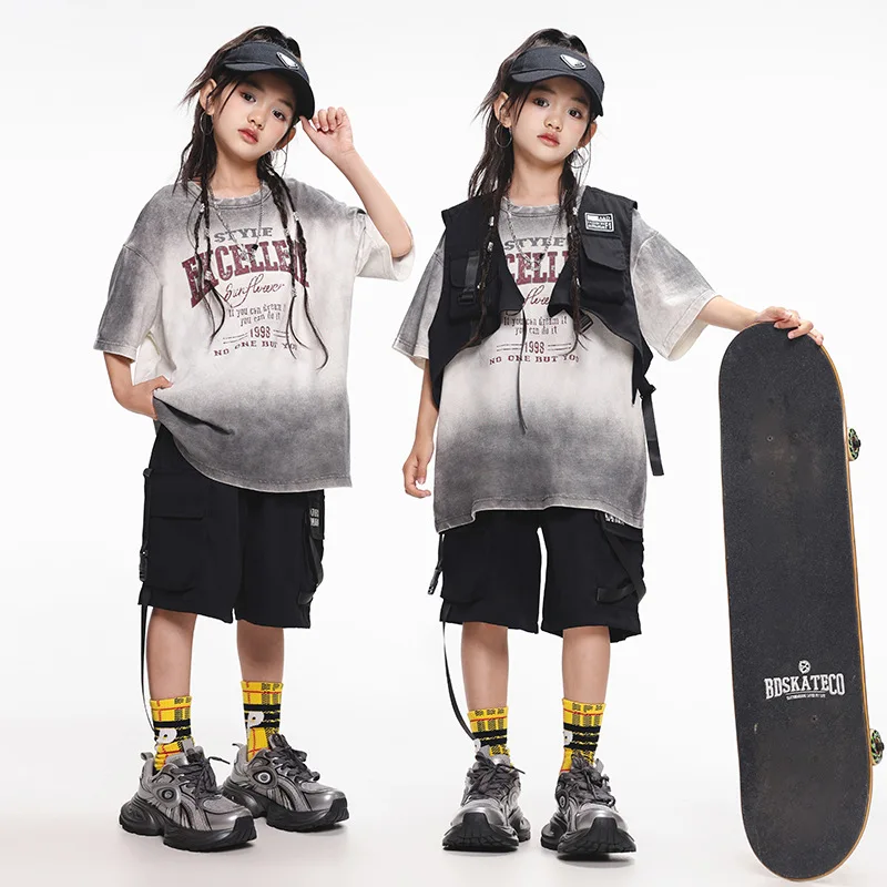 

Kid Hip Hop Clothing Vintage Gray White T Shirt Top Black Vest Casual Strap Cargo Shorts for Girl Boy Jazz Dance Costume Clothes