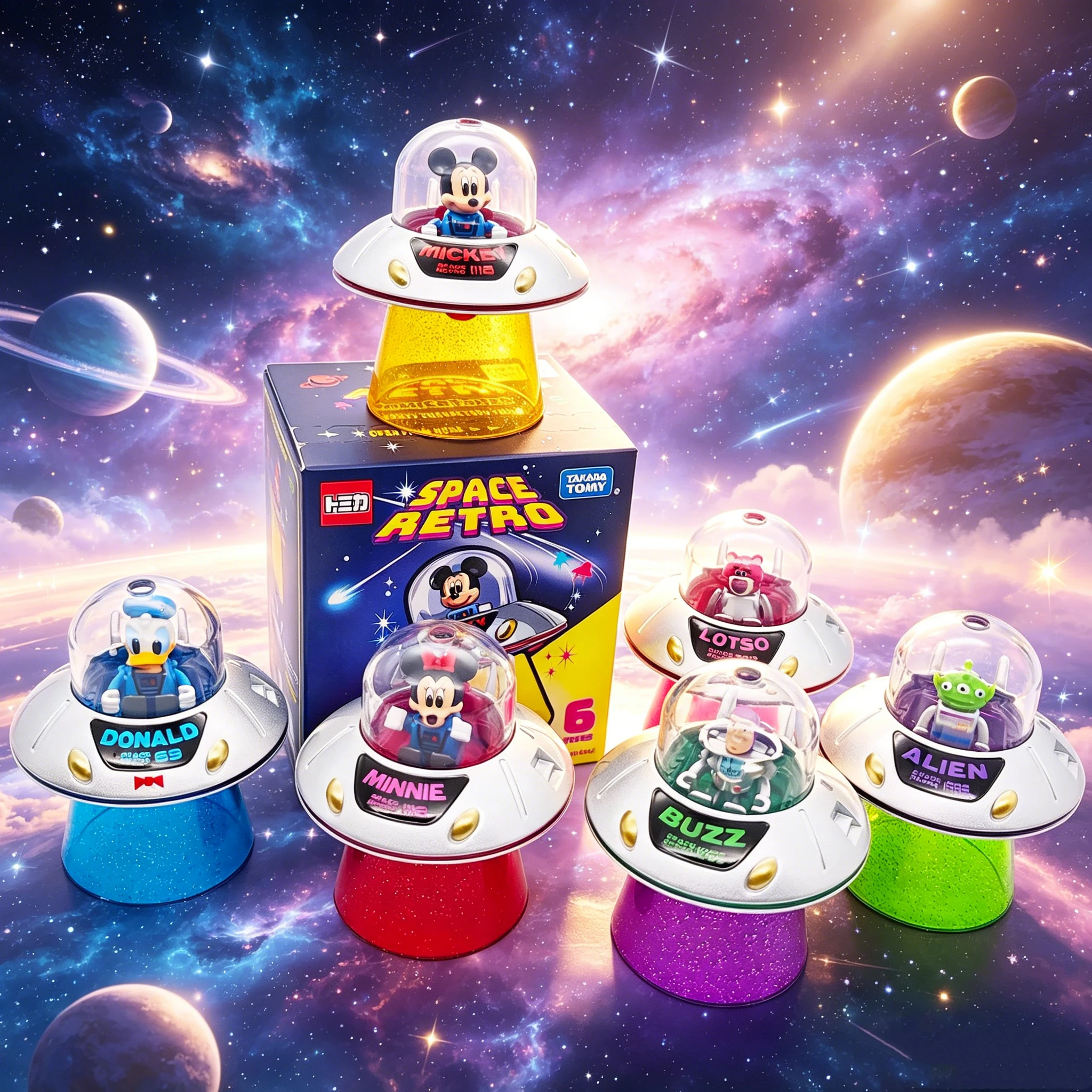 Caja Sorpresa Retro Espacial de Tomy Disney, Mini Figura de Nave Espacial UFO de Metal Fundido a Presión, Coleccionable con Mickey, Minnie, Buzz, Alien, Donald, Lotso