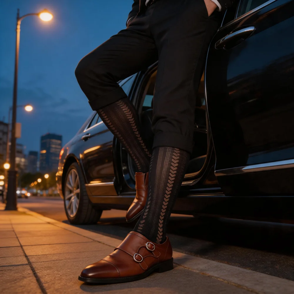 Men's Black Sheer Over The Knee Dress Socks Formal Business Long Tube Hosiery Wheat Pattern High Elasticity Suit Socks