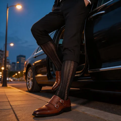 Men's Black Sheer Over The Knee Dress Socks Formal Business Long Tube Hosiery Wheat Pattern High Elasticity Suit Socks