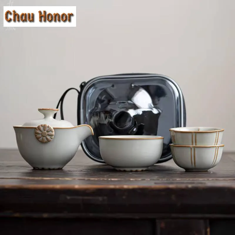 

Retro Azure Ru Kiln Porcelain Tea Set Kit Ancient 1 Pot 3 Cups Tea Brewing Camping Handbag Chinese Tea Set Equipment Collection