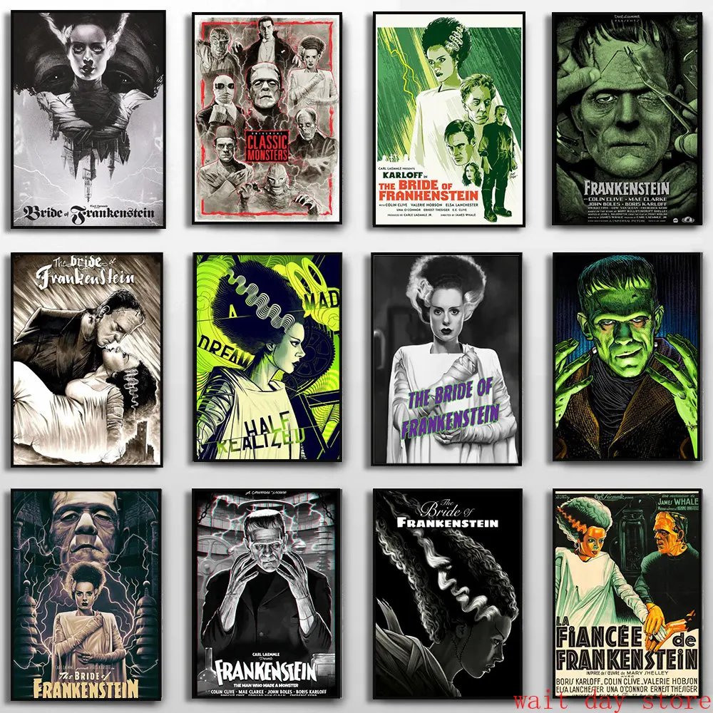 Vintage Horror Movie Frankenstein Poster Bride of Frankenstein Canvas Painting Artwork for Coffee House Bar Home Decor Cuadros