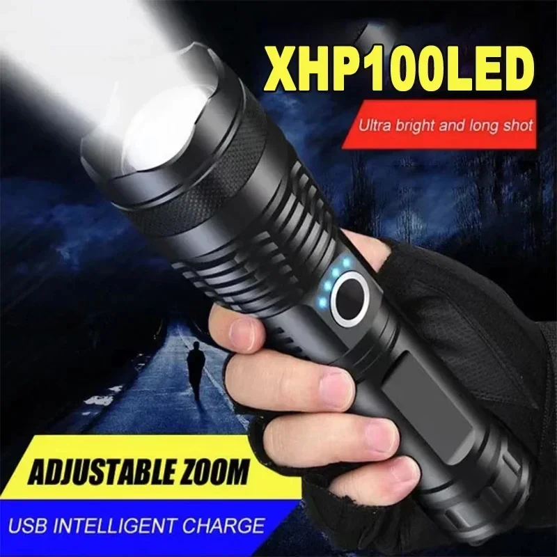 High Power XHP100 Led Flashlight Rechargeable 4 Core Torch Zoom Usb Hand Lantern For Camping, Outdoor & Emergency Use