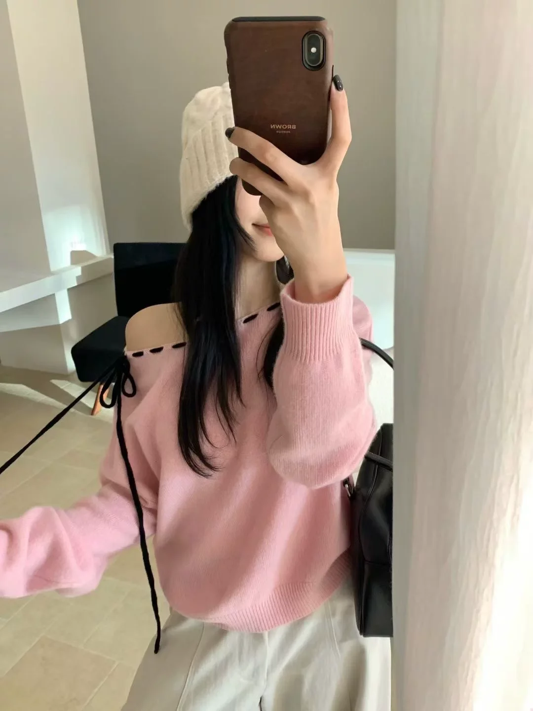 

Korean Sle Knot Ne Long Sve Knitted Sweater Women's Top oulder Exposure Belted Autumn New Arrival Warmth