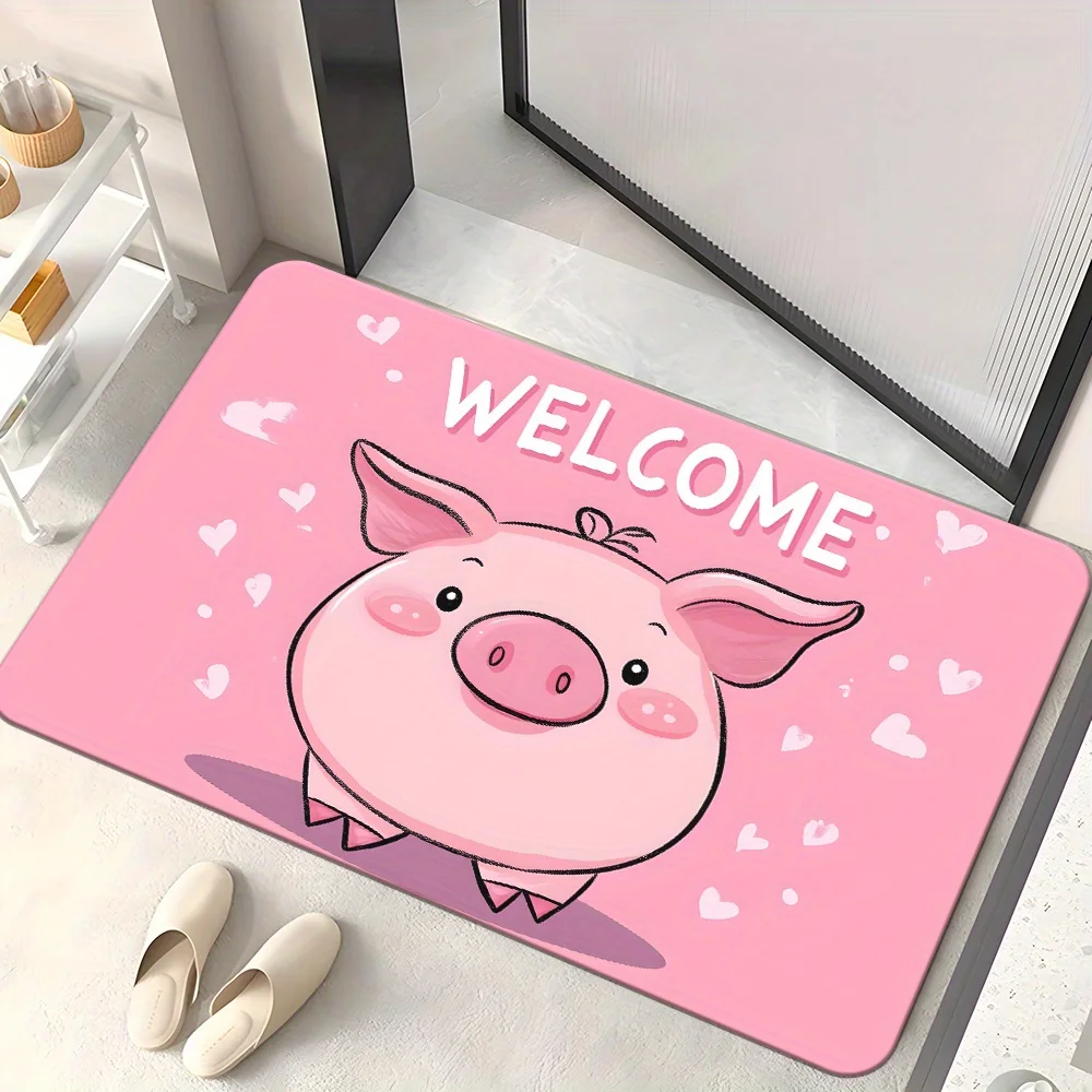 Welcome Door Mat Pink Pig Heart Pattern Front Door Floor Accent Indoor Entryway Hallway Porch Decor Cute Farm Theme House