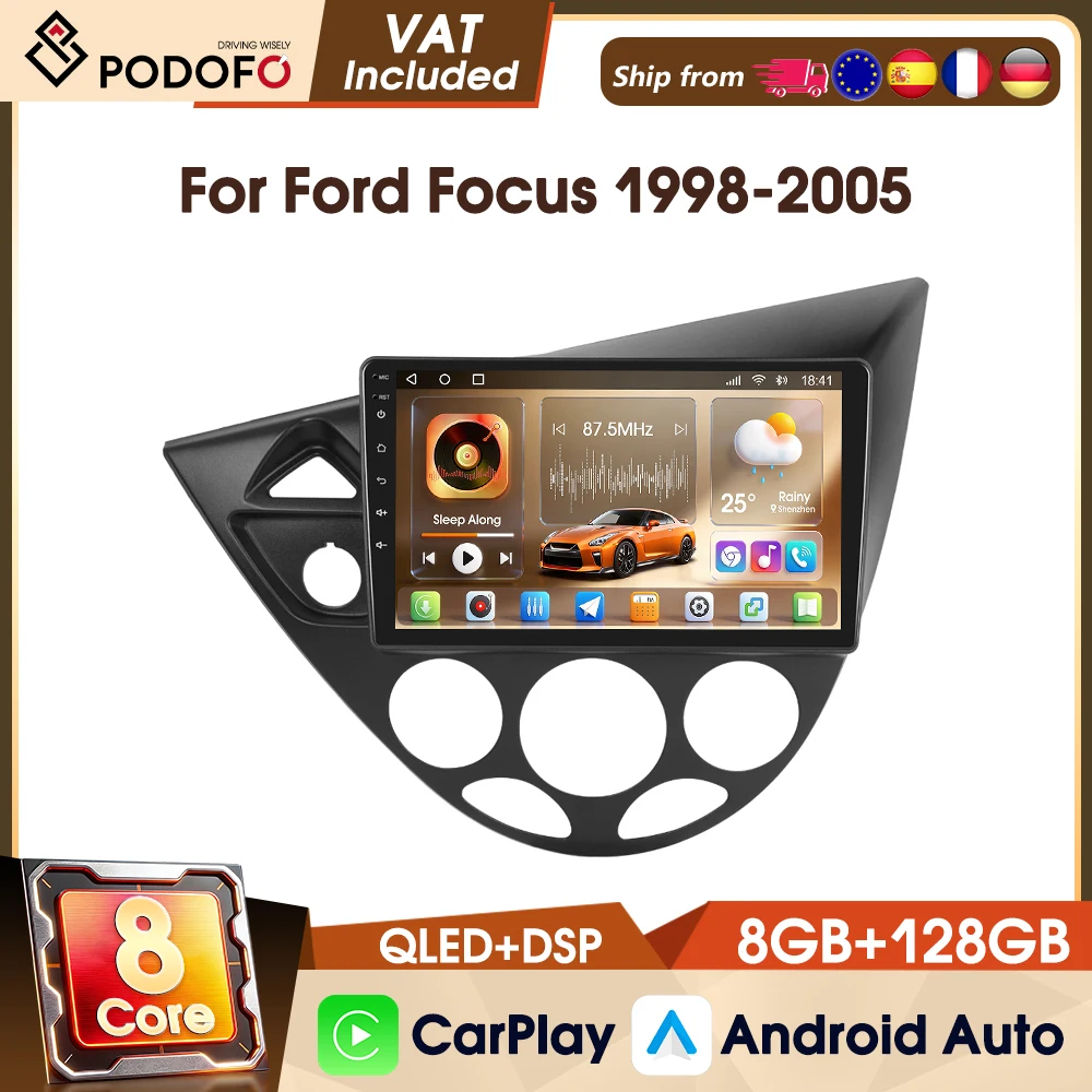 Autoradio stereo Podofo 8-Core 8+128G 4G 9" per Ford Focus 1998-2005 con WIFI GPS AM FM RDS DAB CarPlay Android Auto