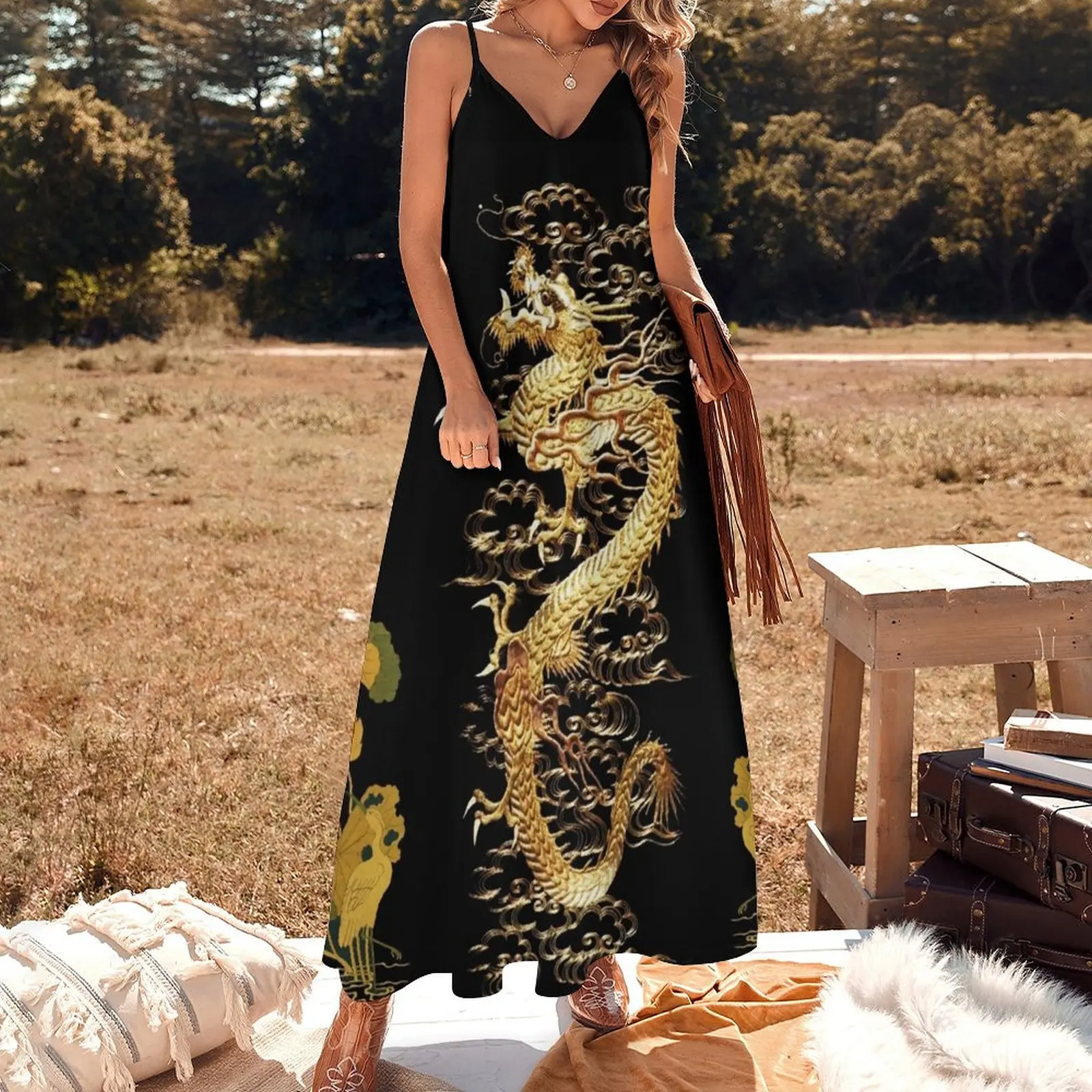 GOLD DRAGON IN BLACK,Egret,Lotus,Green GoldFloral Sleeveless Dress purple dress clothes Long dress woman woman dress