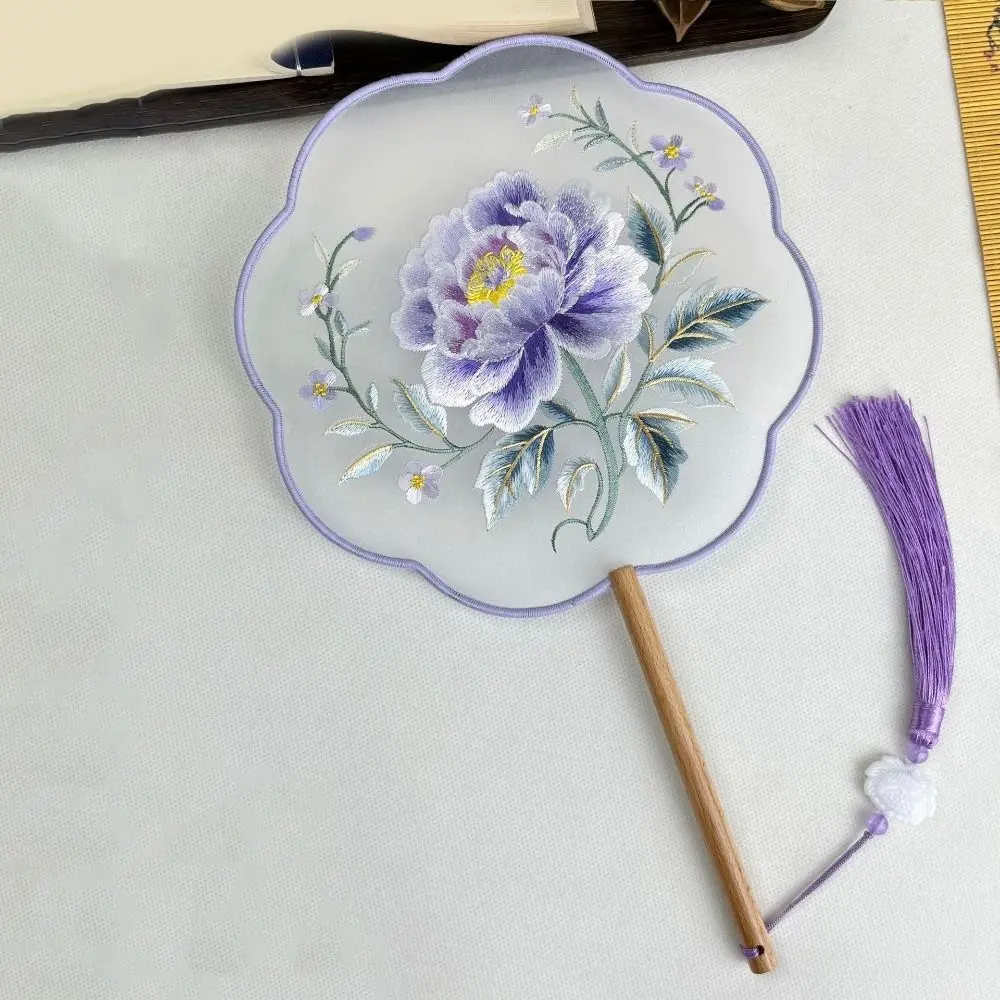 Chinese Style Double Sided Embroidery Fan Long Handle Semi-Transparent Vintage Hand Fan Classical with Tassel
