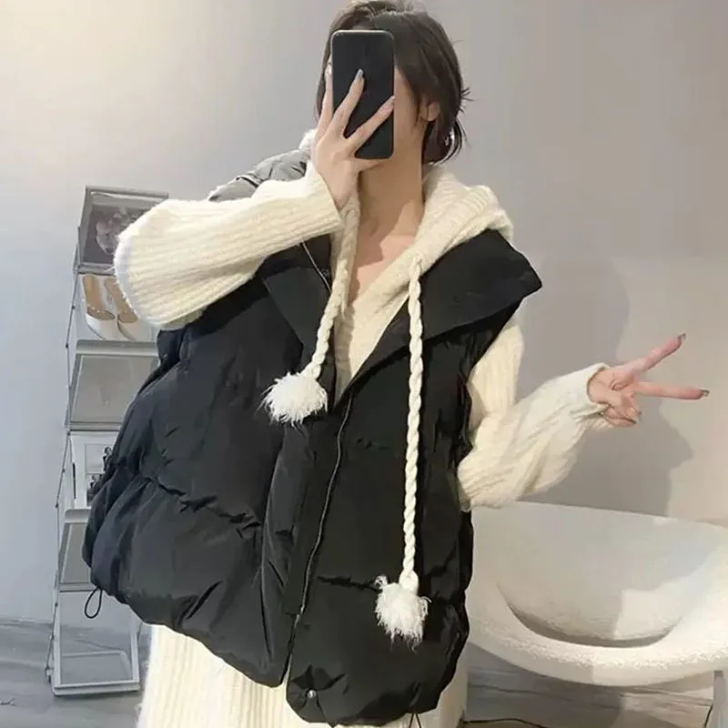 

Winter Women Loose Cotton Short Vests Simplicity Elegant Korean Casual Fashion Warm Coat Lady Thicken Sleeveless Bread Jacket