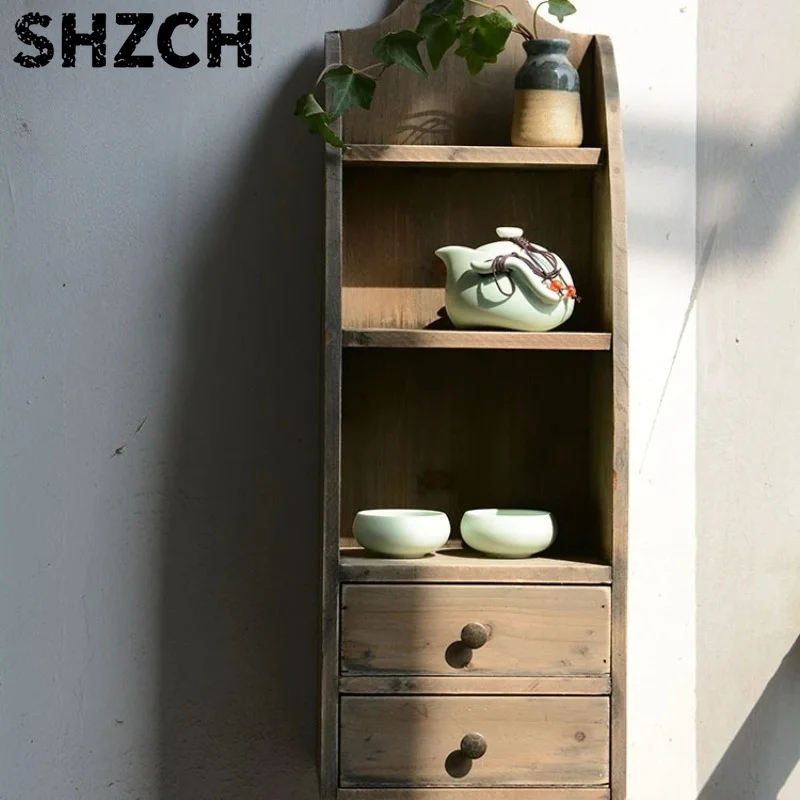 Minimalist Wall Tea Cup Shelf, Wooden Tea Set Display with Cabinet for Dining Bar Kitchen, Floating Storage for Mugs Plates