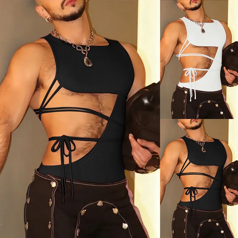 Men's Pit Strip Sleeveless Sports Vest Side Hollow Straps Slim Fitness Casual Top