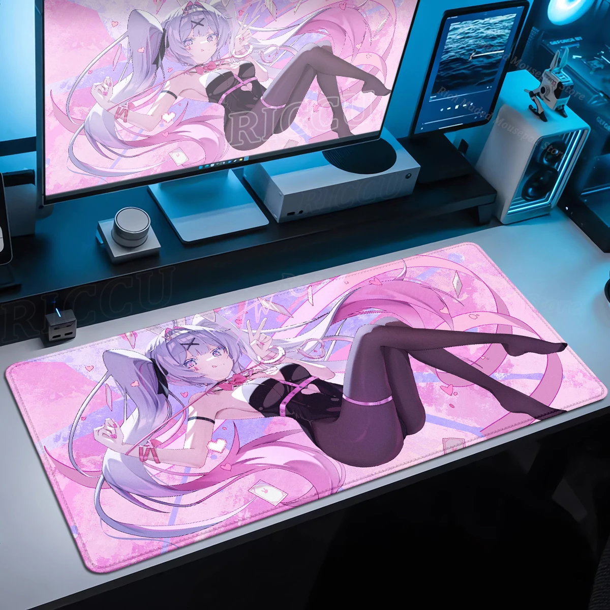 Противоскользящий резиновый коврик для мыши с милым кроличьим отверстием Miku, большой геймерский настольный декор, расширенный коврик, сексуальный аниме-коврик для мыши с замком по краям