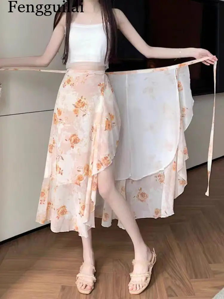 2026 Summer New One-Piece Floral Chiffon Skirt Women Elegant Wrap Hemline Ruffled Midi Skirt with Tie Waist