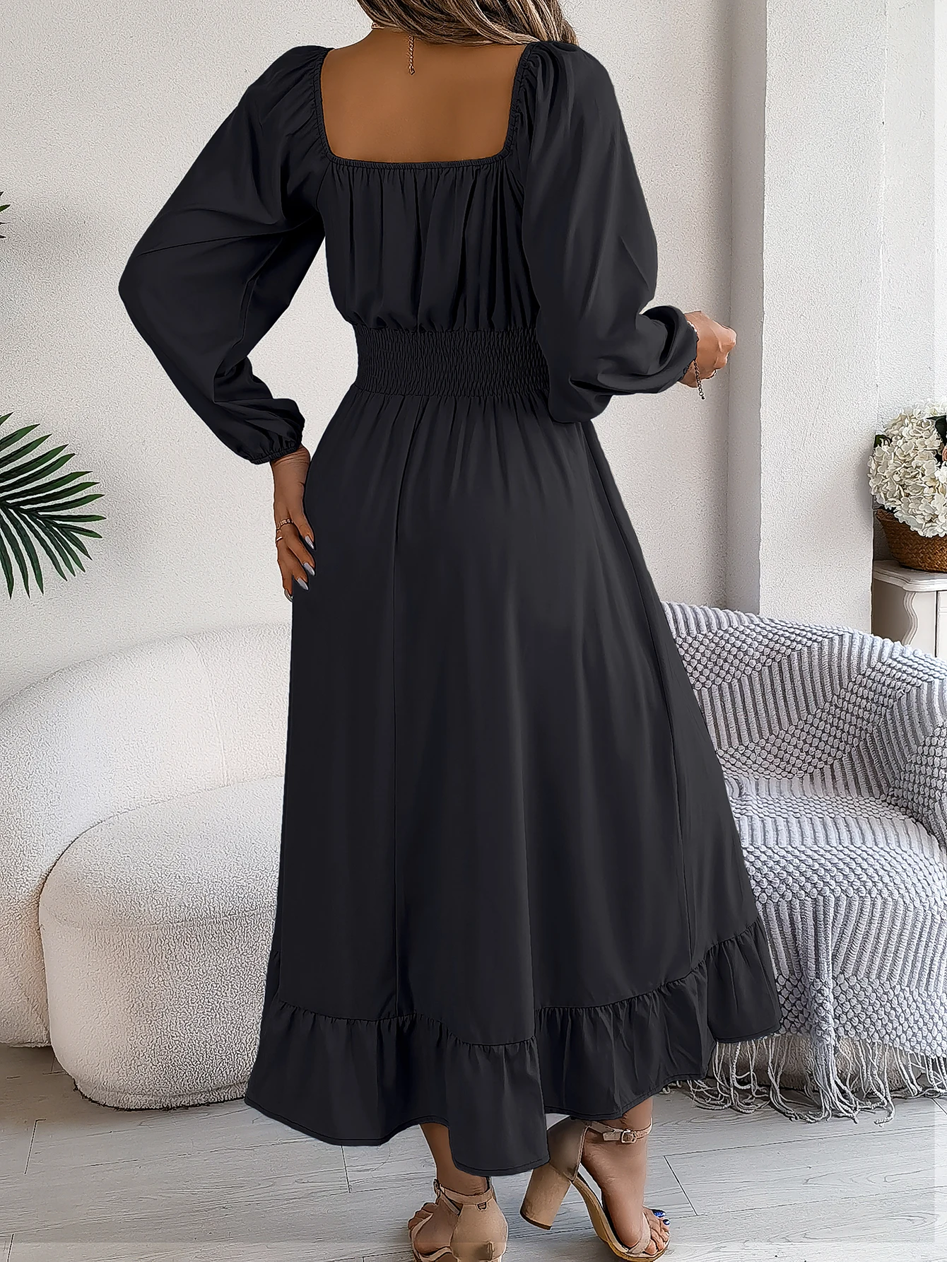Women Spring Autumn Casual Square Neck Long Sleeve Ruched Waist Ruffle Hem Solid Color Midi Dress Beach Vacation Party Gown