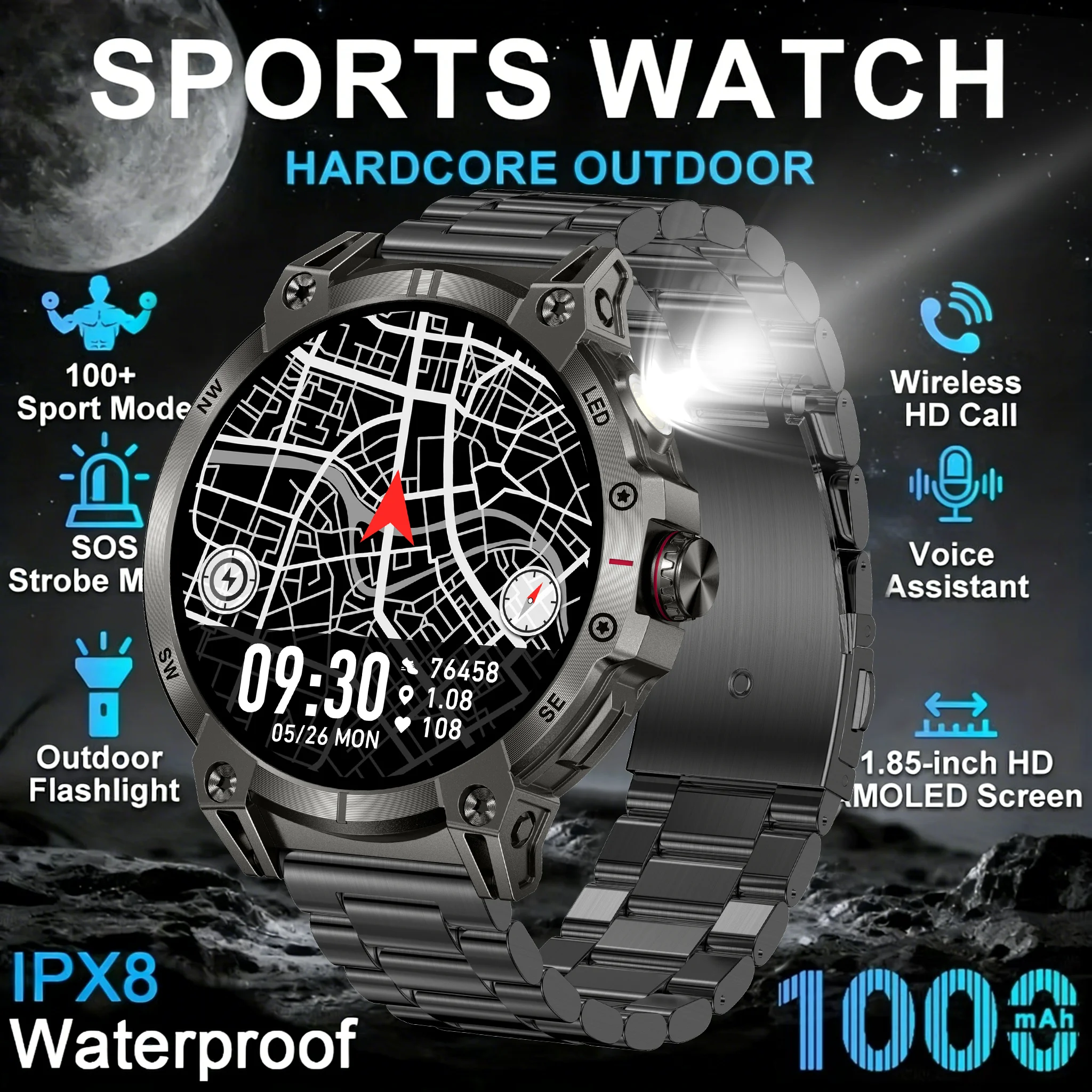 

Military smartwatch,760mAh Bluetooth call,LEDflashlight,compass,1.85HD Large screen,heart rate.blood pressure,LIfewaterproof