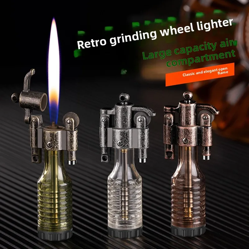 New Retro Grinding Wheel Inflatable Lighter Keychain Personalized Wine Bottle Visible Window Portable Lighter Men's Gift