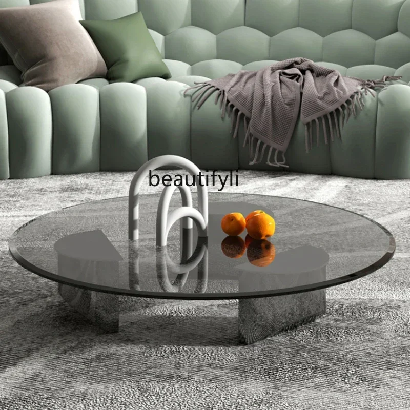 

Light Luxury Wedge Coffee Table Tempered Glass Household Minimalist Stainless Steel round Tea Table Side Table