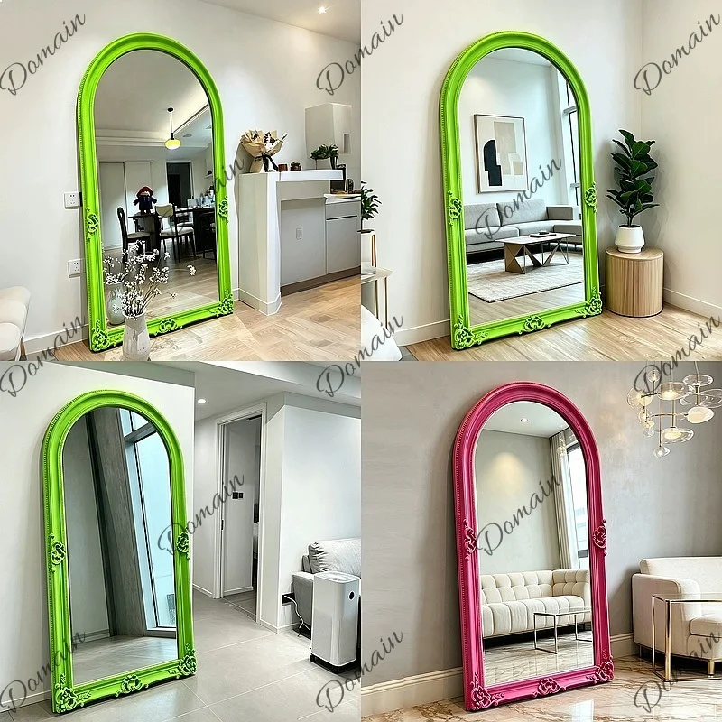 Dopamine Flocking Full Body Mirror French Carved Dressing Mirror for Bedroom Home Artistic Floor Standing Decor