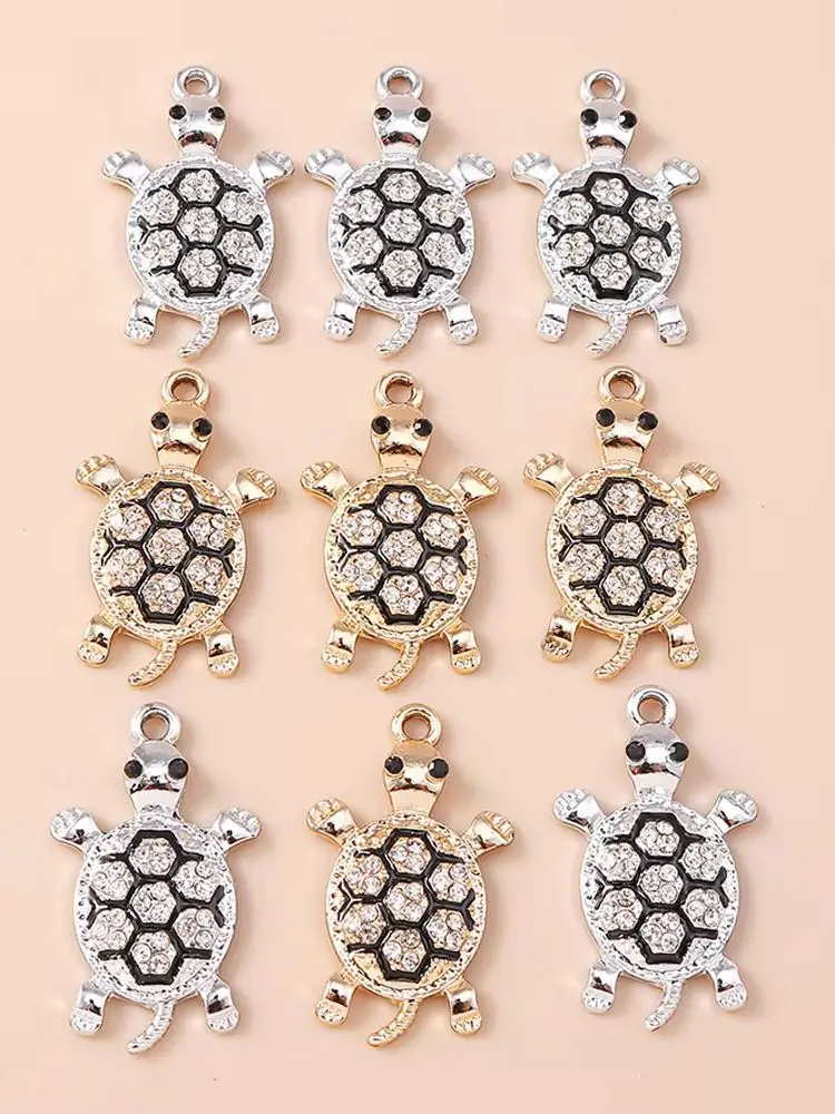 Leslie 10 Stück luxuriöse, gold- und silberplattierte Kristall-Schildkröten-Anhänger für Armbänder, Halsketten, Ohrringe, handgefertigter DIY-Schmuck – Detail 1