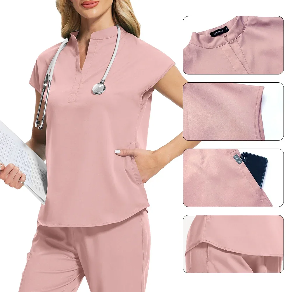 Solid Color Scrubs Jogger Suits Pet Hospital Vet Uniform Suit Wholesale Unisex Surgical Uniforms Pocket V-neck Surgery Set Women