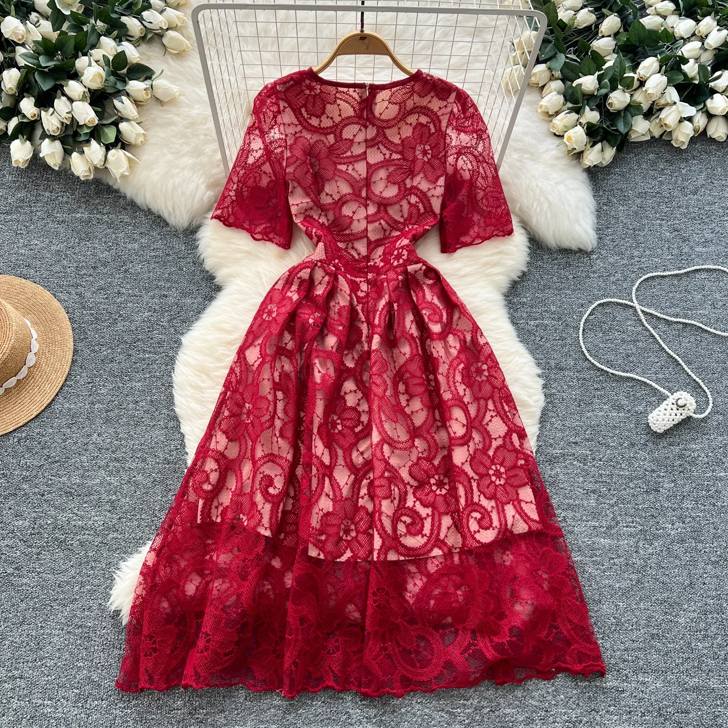 Elegant Hollow Out Hook Flower Lace Vintage O-neck Chic Short Sleeves Slim Long Dress French Evening High Street Summer Clothing