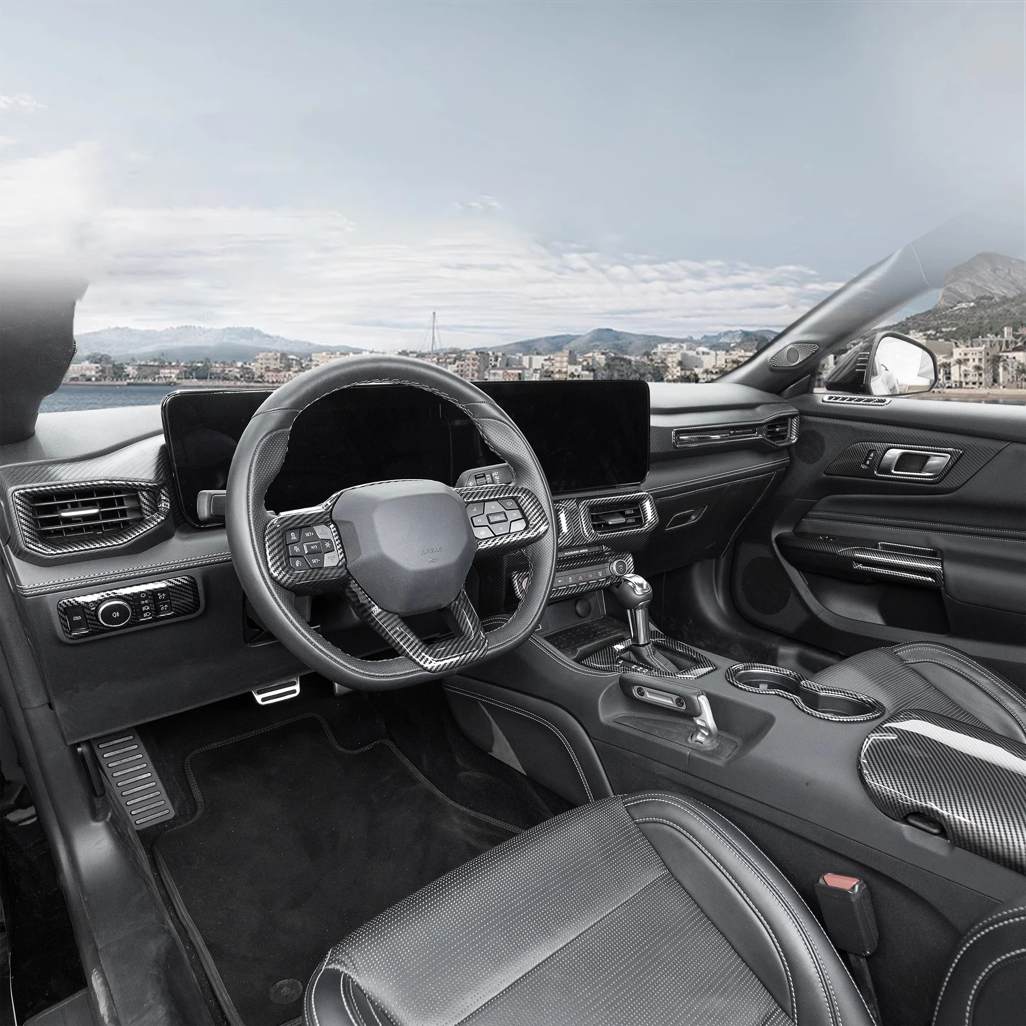 Carbon Grain Overlays Trim for LHD MUSTANG 7th Generation 2024 2025 On Gears, Central Console, Doors, Outlets and Steering Wheel