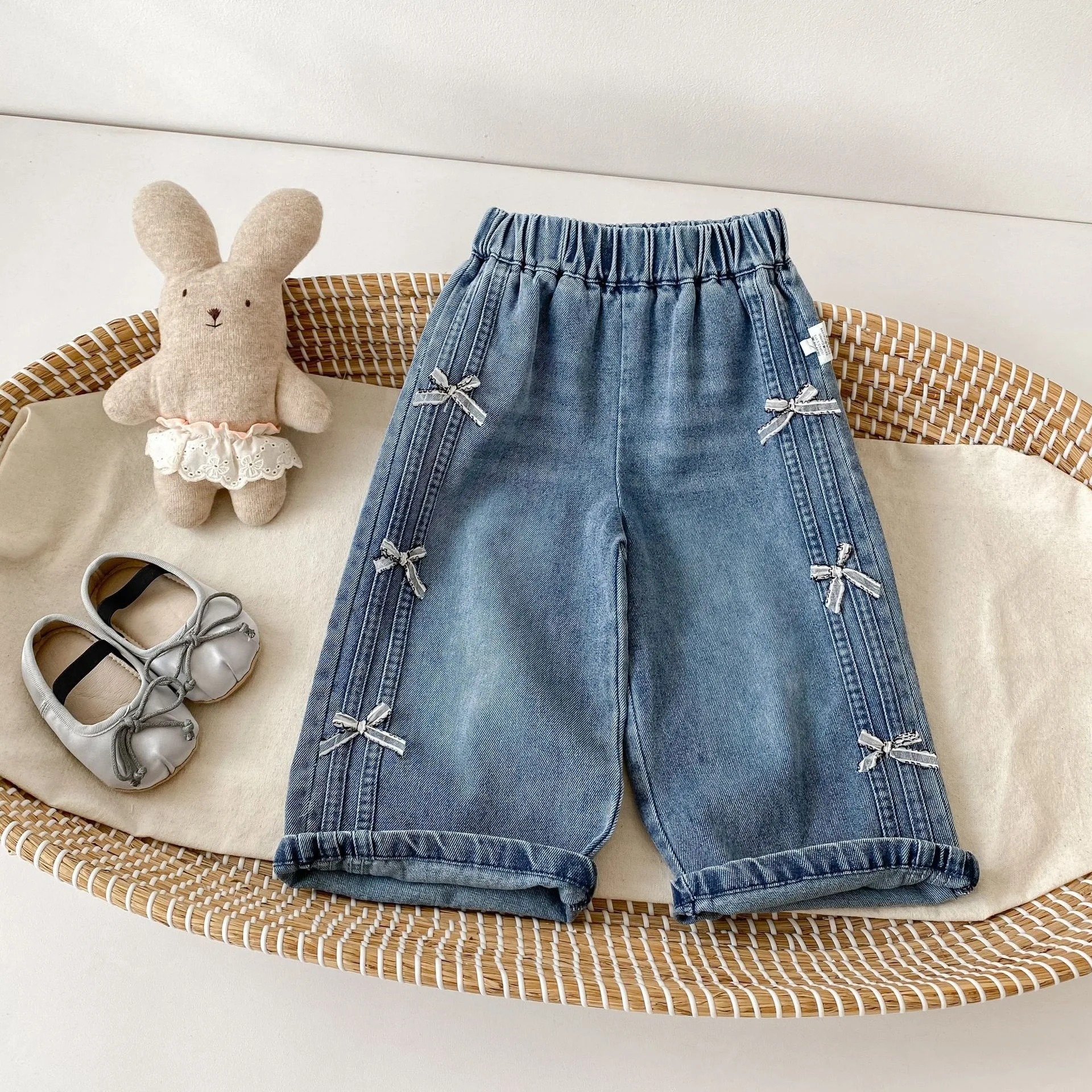 2026 Autumn New Girls Jeans Sweet Bow Wide Leg Pants Children Denim Trousers Toddler Fashion Casual Pants Kids Clothes