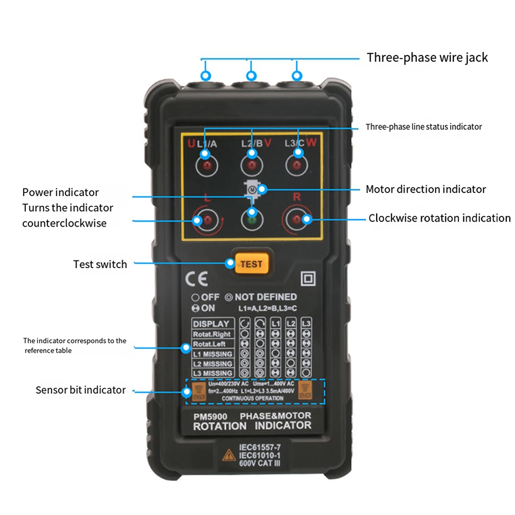 Electrician 128 70 30mm Motor Phase Indicator Compact Design Magnetic Field Detection Multi-Voltage Compatible