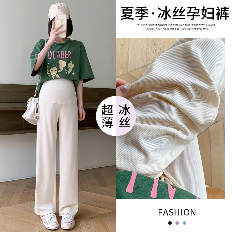 Maternity Wide-leg Pants Summer Loose Casual Pants Skinny Outer Wear Vertical Strip Thin Straight Pants