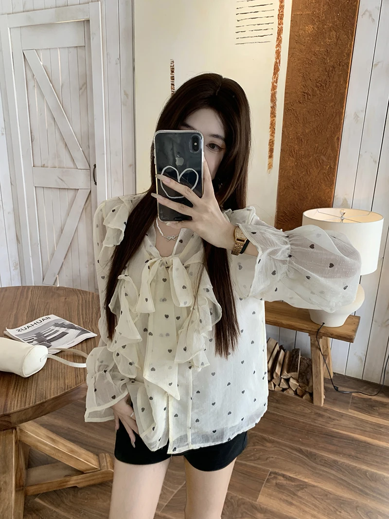 

Ретро-блузка в горошек с длинным рукавом, женская свободная блузка с узлом, новая весенняя корейская блузка с цветочным принтом, прямого кроя