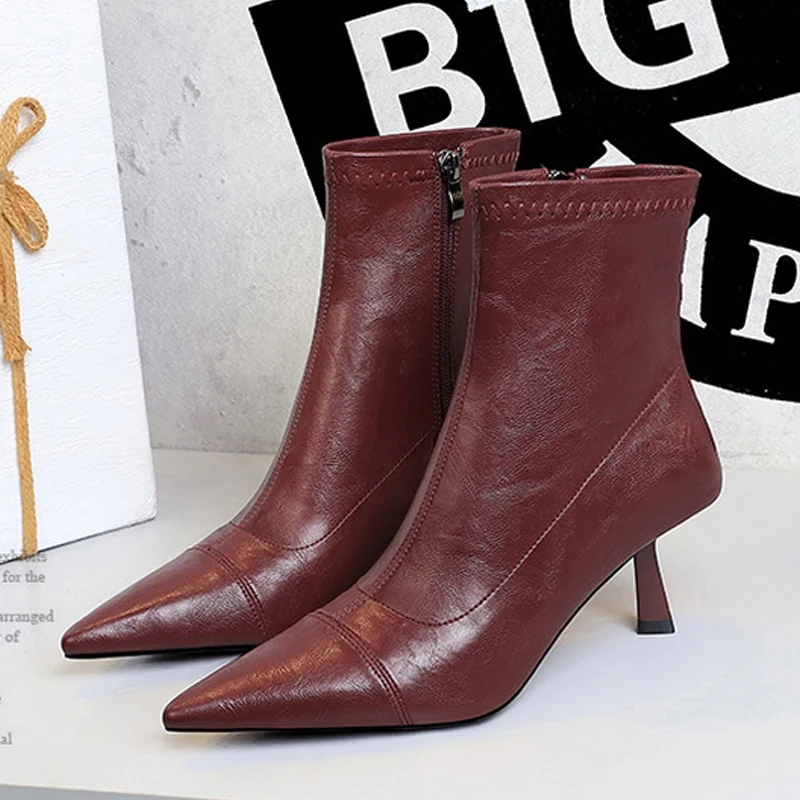 BIGTREE Winter Street Soft Leather Ankle Boots Women Sexy Side Zipper Stiletto Heels Comfortable Ladies Shoes Zapatos De Mujer
