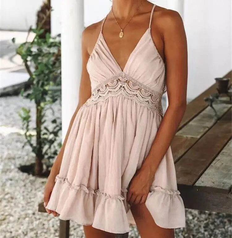 

Women's Clothing Sexy Backless Lace Dress Strap V-neck Holiday Mini Dress Ruffles Sleeveless Summer Dress Beach Boho Robes