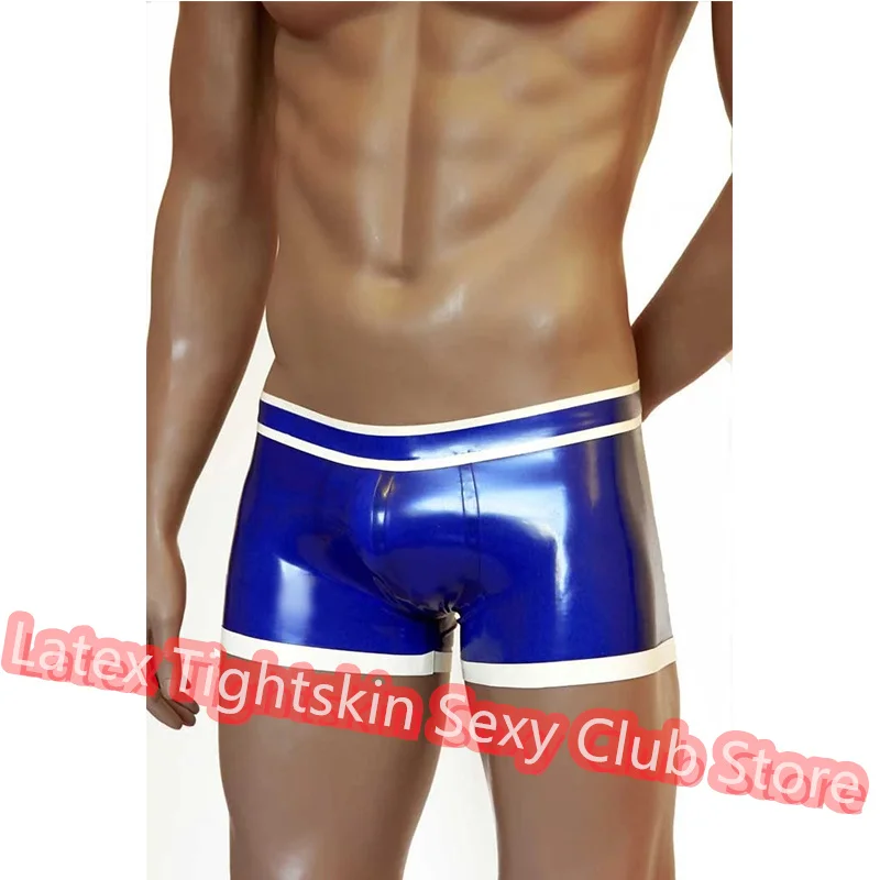 

Men Latex Panties Boxer Blue with White Sexy Fetish Shorts Handmade Underwear Club Wear for Men Cosplay Costumes