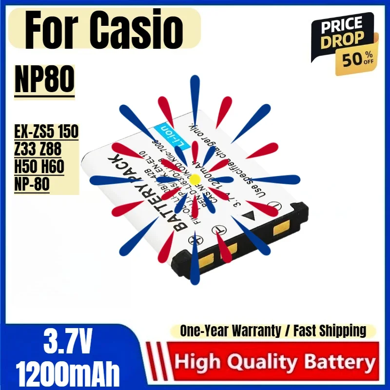NP80 Battery 3.7V 1200mAh Rechargeable Batteries and Chargers for Casio EX-ZS5 150 Z33 Z88 H50 H60 NP-80 Camera Battery
