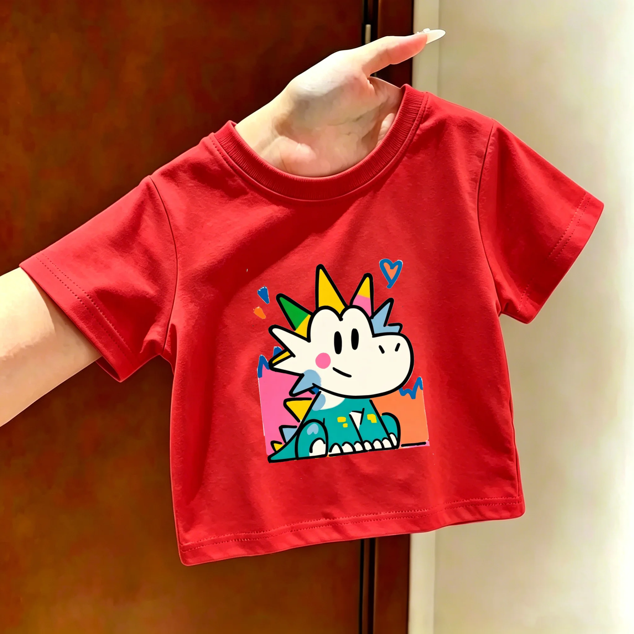 Colorful Dinosaur Print Summer Short Sleeved T-shirt, Cool Summer Outfit, Children's Top, Parent-child Outfit