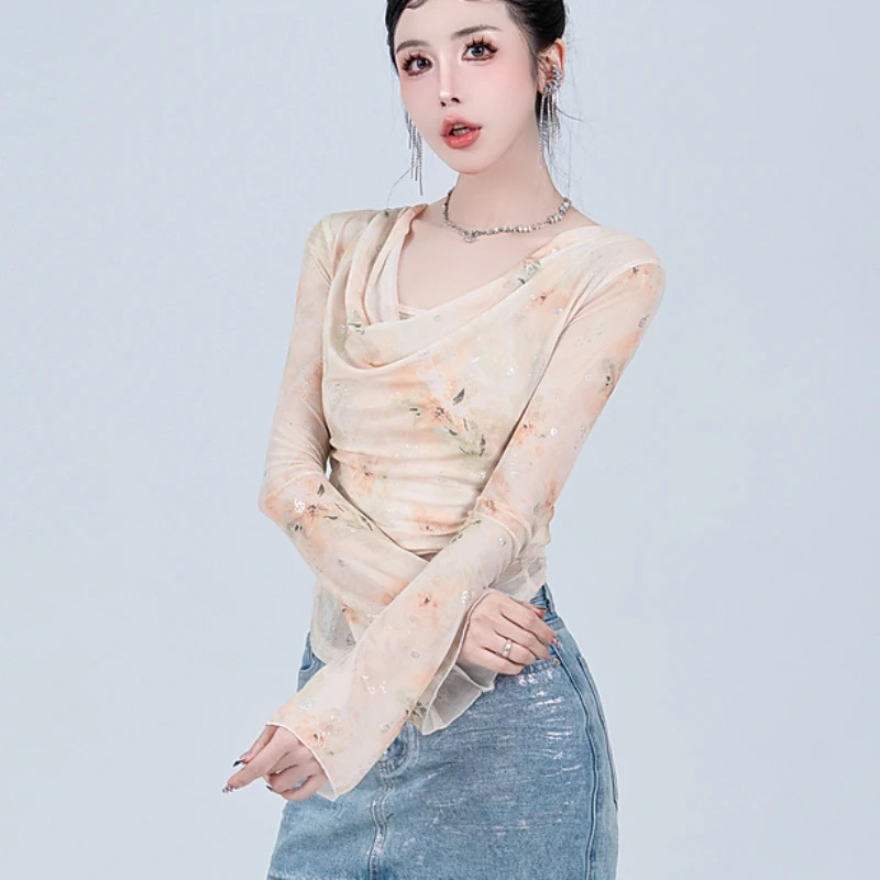 Tight Women T-shirts Tender Sexy Korean Style Long Sleeve Hotsweet Streetwear Summer Youthful New Arrival Crop Tops Mesh Floral