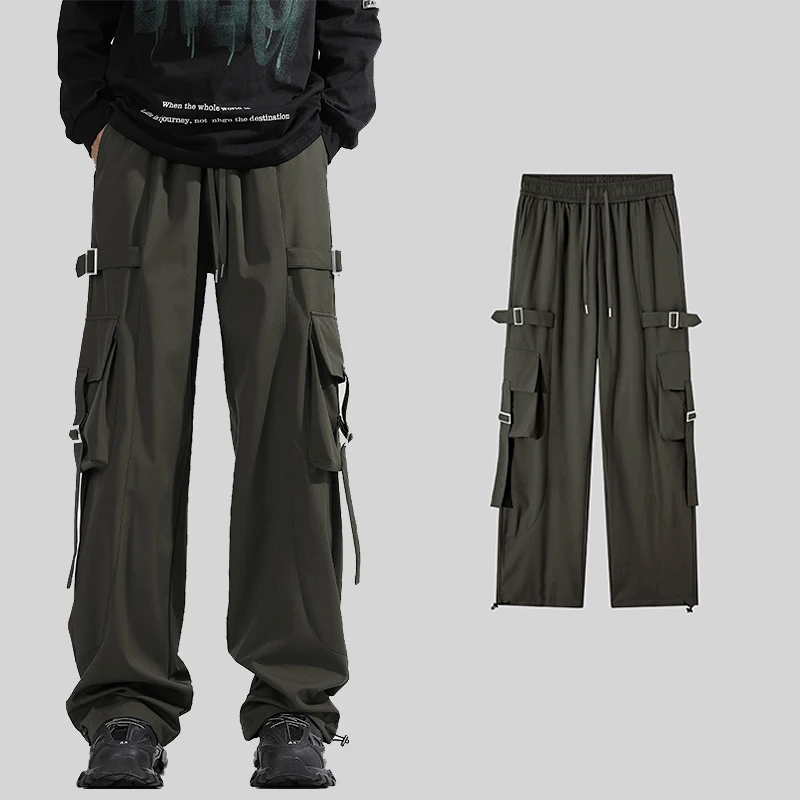 

Multi-pocket Cargo Trousers Men's Casual Loose Technical Pants Solid Color Elastic Waist Long Pants For Outdoor Camping Climbing