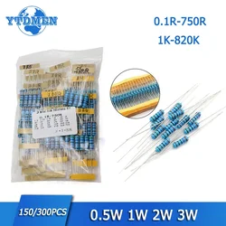 150/300PCS Resistor Set 1/2W 1W 2W 3W Metal Film Resistors Assortment Kit 30Kinds 0.1R~750R 1K~820K Ohm Resistance 1%