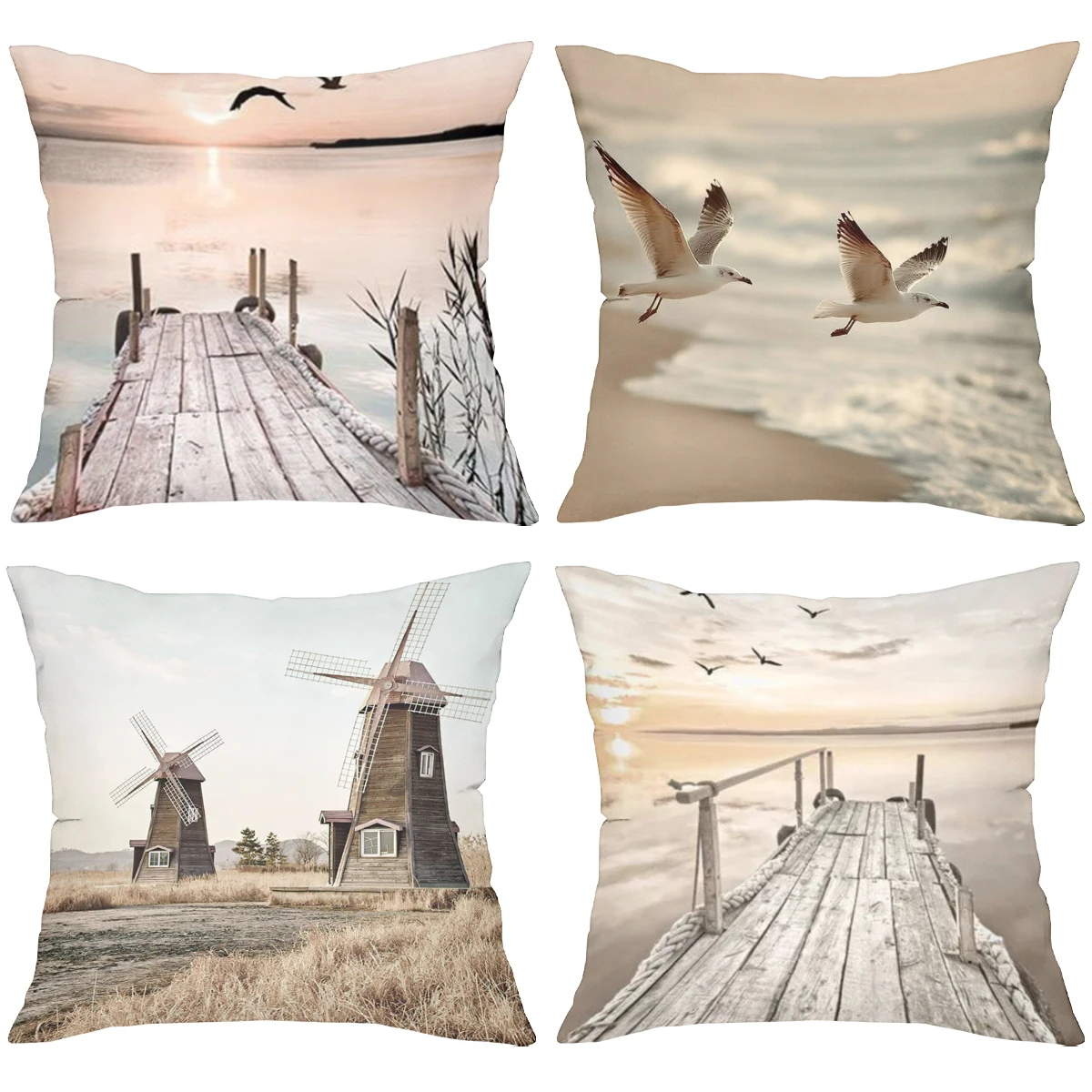 Seagull And Pier Windmill Printed Decorative Cushion Covers Polyester pillowcase, sofa decorative cushion cov Headboard Pillow