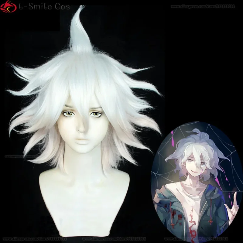 Peluca de Cosplay de Anime Danganronpa 2 Nagito Komaeda, pelucas de pelo sintético resistentes al calor con degradado blanco y rosa + gorro de peluca