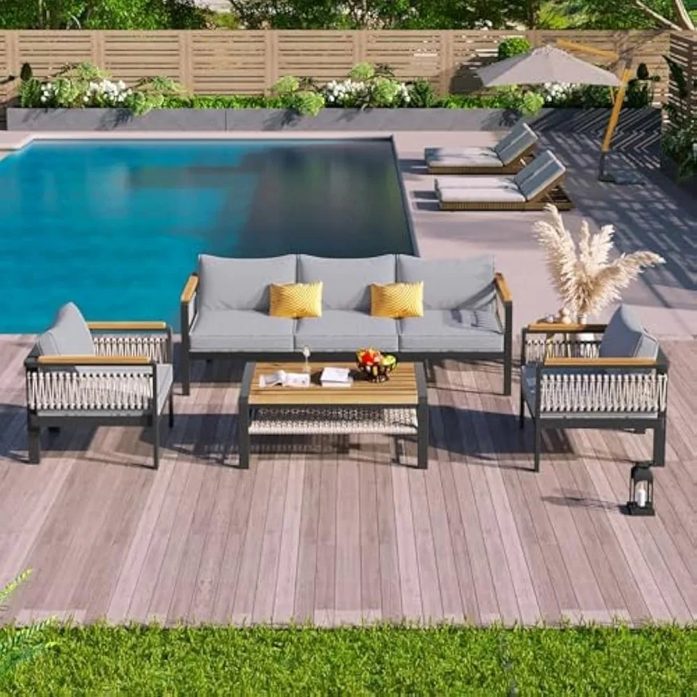 

4-Piece Outdoor Sectional Sofa Set, PE Rattan Seating Group Patio Conversation Set with Cushions and Coffee Table, Metal