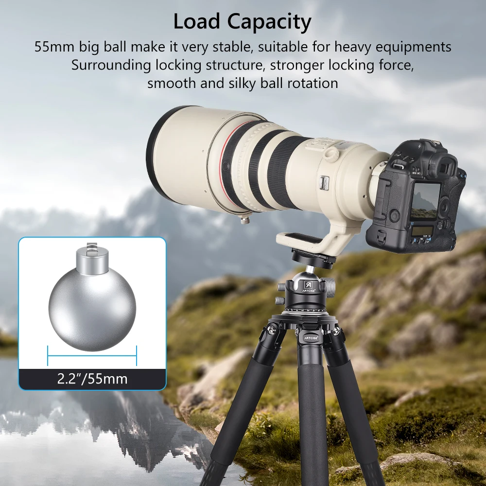 ARTCISE UB55 360°Panoramic Ball Head CNC Aluminum Lower Gravity Center Tripodhead 3 Knobs Operation Dual U-Notch for Camera,DSLR