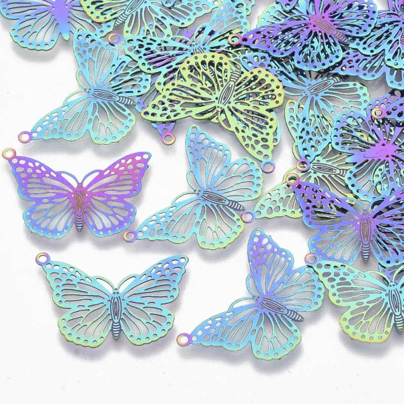 5pcs Ion Plating(IP) 304 Stainless Steel Filigree Pendants  Etched Metal Embellishments  Butterfly  Rainbow Color  18x26x0.3mm