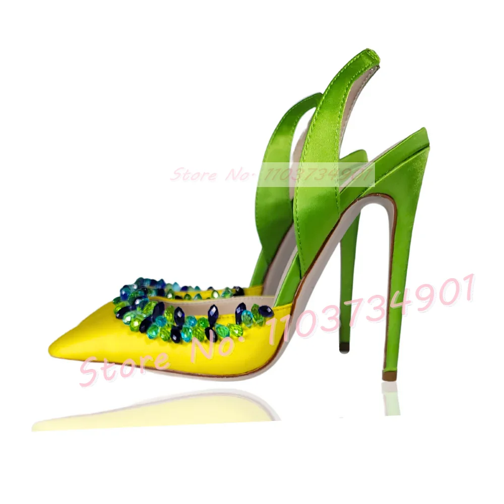 Rhinestones Back Strap Satin Sandals Ladies Patchwork Thin High Heels Pointed Shoes Party Sexy Female Elegant Heeled Sandals