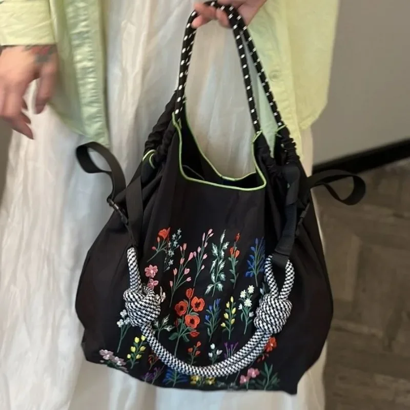 Japanese For Hand Bag Oxford Cloth Embroidery Nylon Shopping Bag Portable Shoulder Bag Korea bag Foldable Bag Floral Embroidery